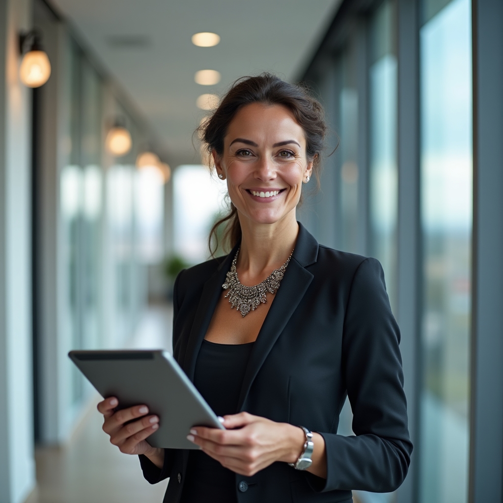 Law firm administrator standing confidently in a modern office corridor holding a tablet with process notes