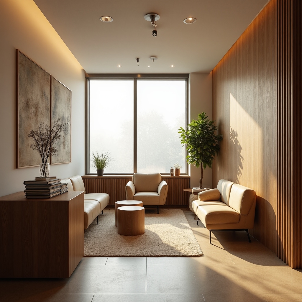 Compact boutique law office reception area with organized intake folders and a small waiting seating area